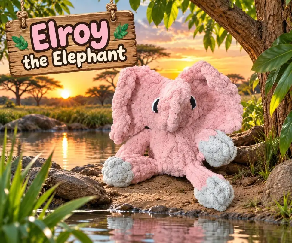 Elroy the Elephant, a soft pink chunky yarn elephant made by Lisa at Knit Happens.