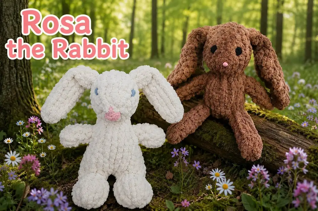 Two Rosa the Rabbit plushes sitting together on a mossy log among spring flowers.