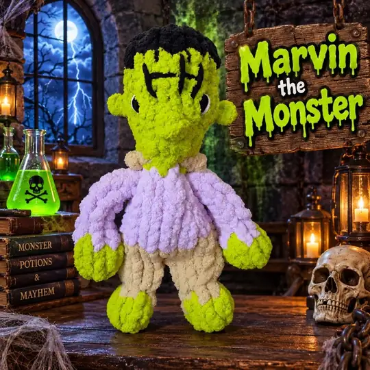 Marvin the Monster, a green chunky yarn monster in a lilac sweater.